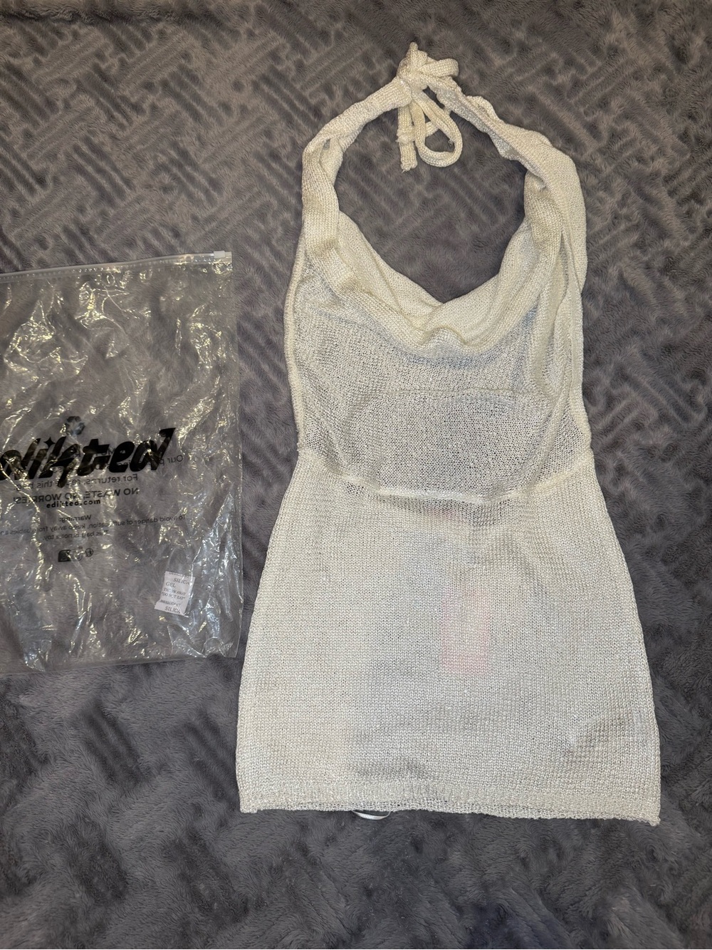 Edikted Sheer White Knit Halter Mini Dress